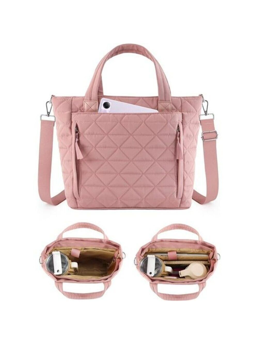 Quilted Puffer Tote Bag with Stanley Cup Holder Work Travel Carry On Purse